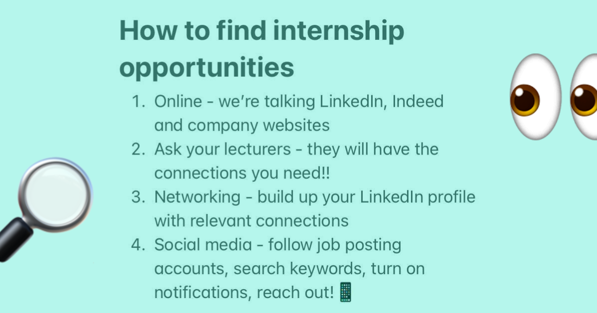 A notes page with the title "How to find internship opportunities" with 4 different reasons