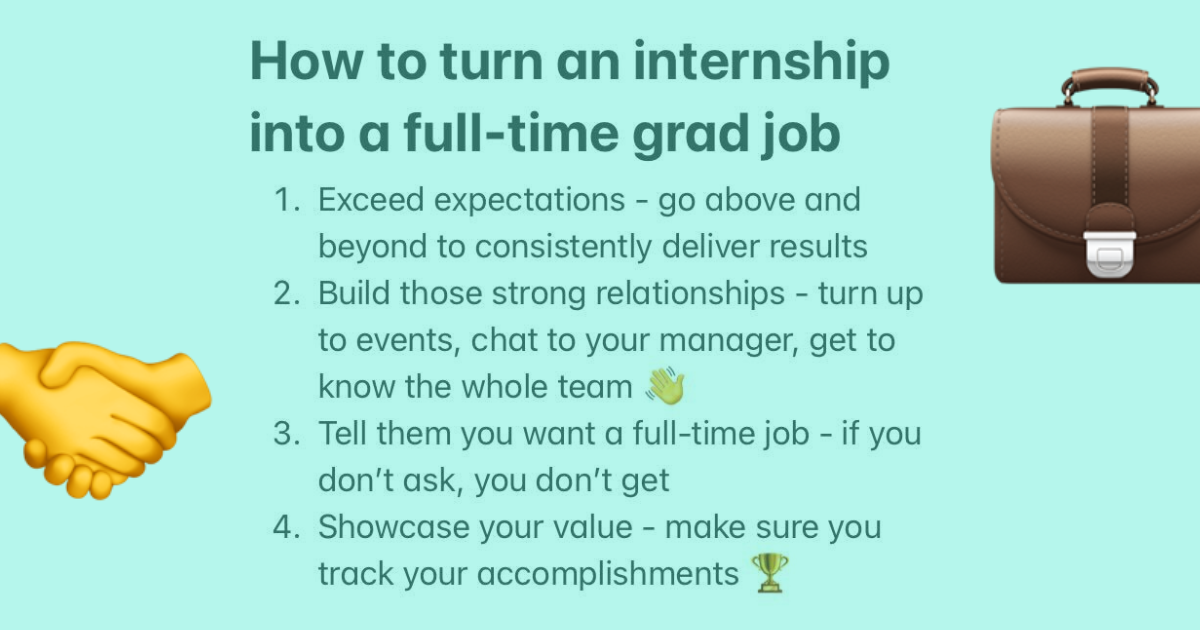 A screen titled "How to find an internship into a full-time grad job" with 4 different tips to make this happen